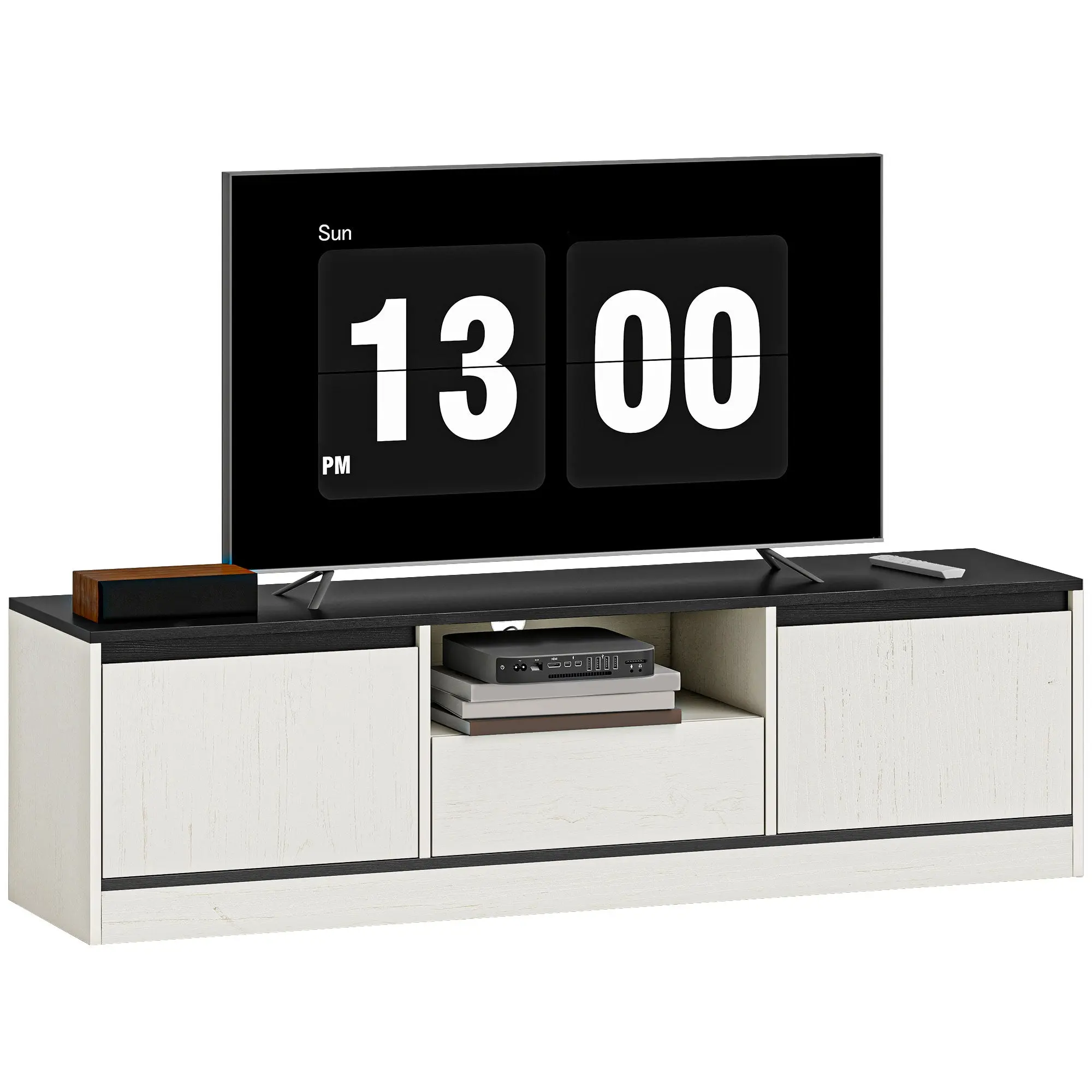 TV Stand 55 in (140 cm) for TVs up to 60 in - Modern Two-Tone TV Unit with 2 Cabinets, Open Shelf & Drawer - Black Wood Grain/White