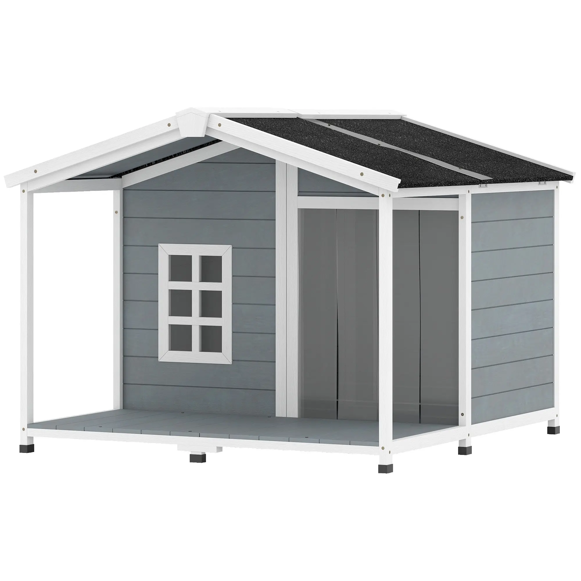 Waterproof Wooden Outdoor Dog House — 40.6 x 42.1 x 32.9 in (103 x 107 x 83.5 cm) Elevated Kennel with Lift-Up Asphalt Roof, Porch & Window — Gray — For Medium Dogs up to 44 lb