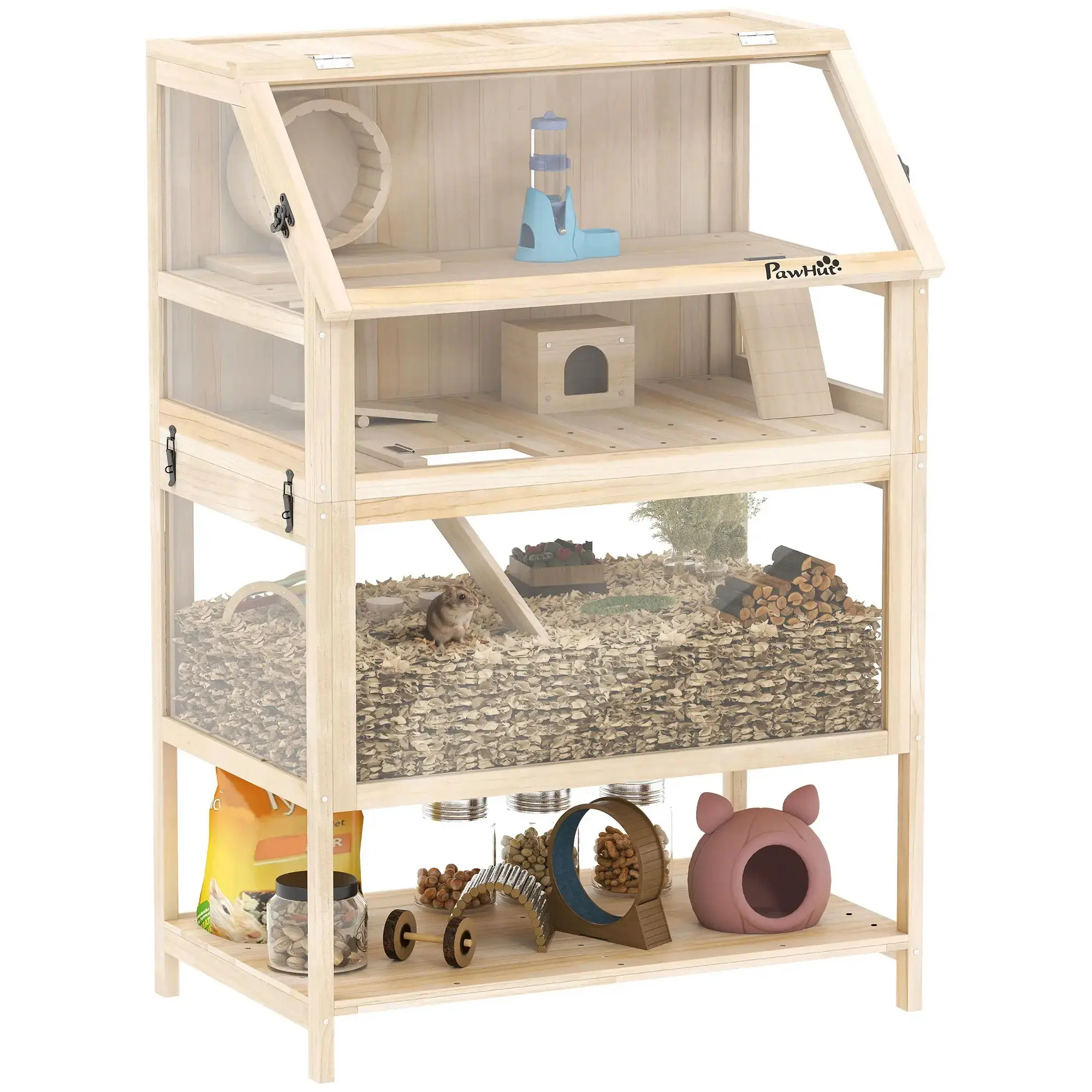 3-Level Wooden Hamster Cage, 31.5 x 20.9 x 46.1 in (80 x 53 x 117 cm) — Small Animal Cage with Removable Base, Storage Shelf, Silent Wheel, Ramps, Water Bottle & House — Natural Wood