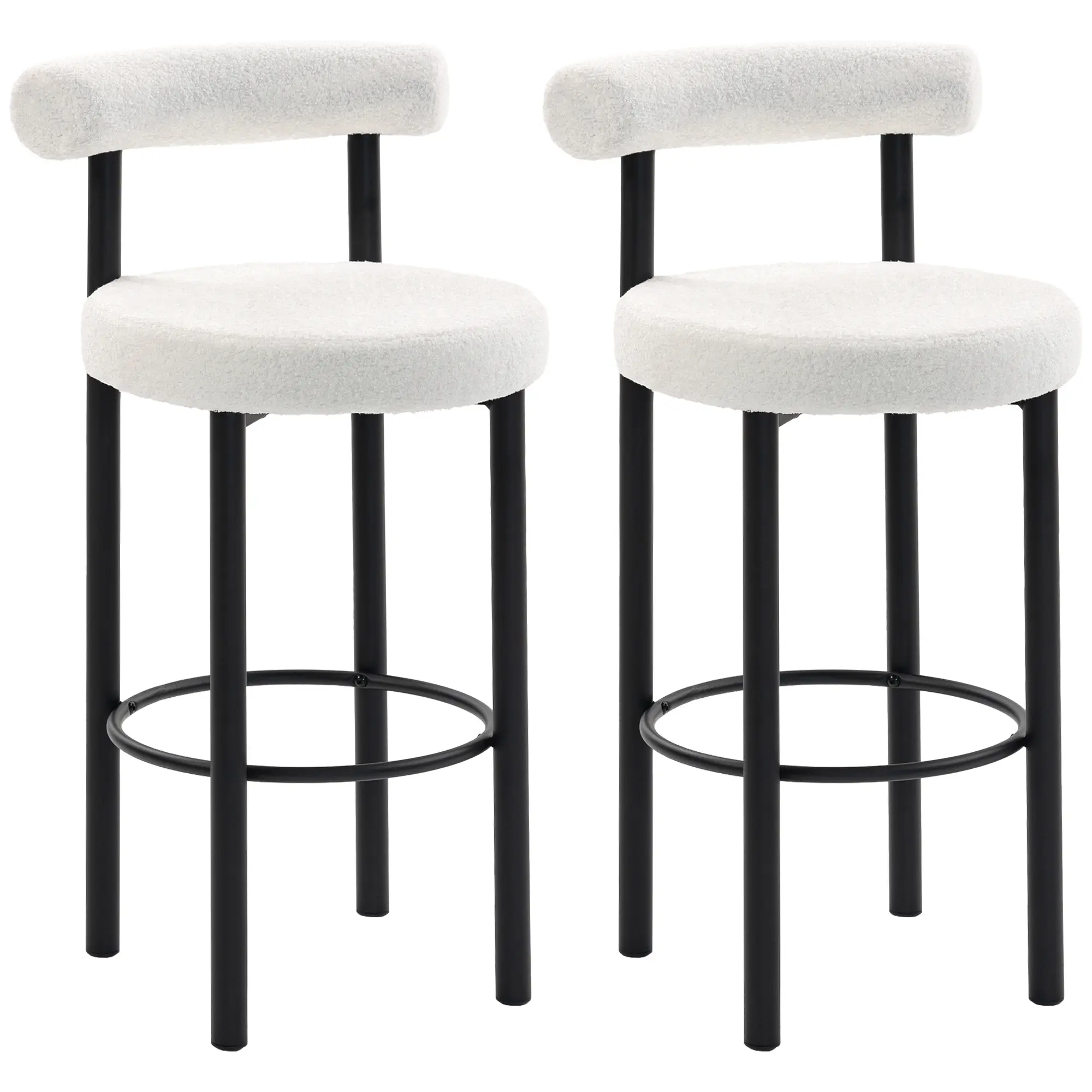 Bar Stools Set of 2, Bouclé Upholstered Kitchen Island Chairs with Curved Backrests, Padded Seats, Metal Legs and Footrests, Cream White