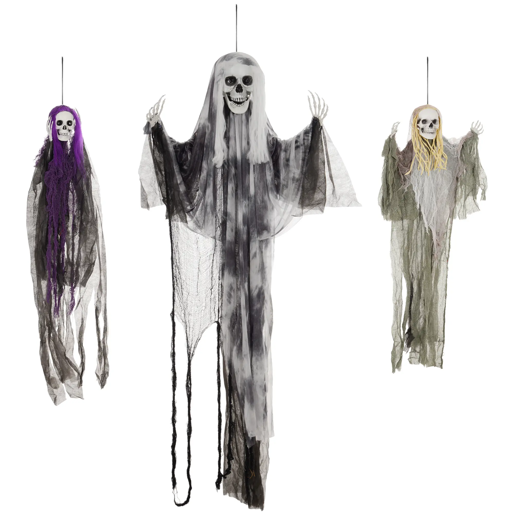 Hanging Skeleton Ghosts, Set of 3, Halloween Decor, Adjustable Arms, 90/110/200 cm