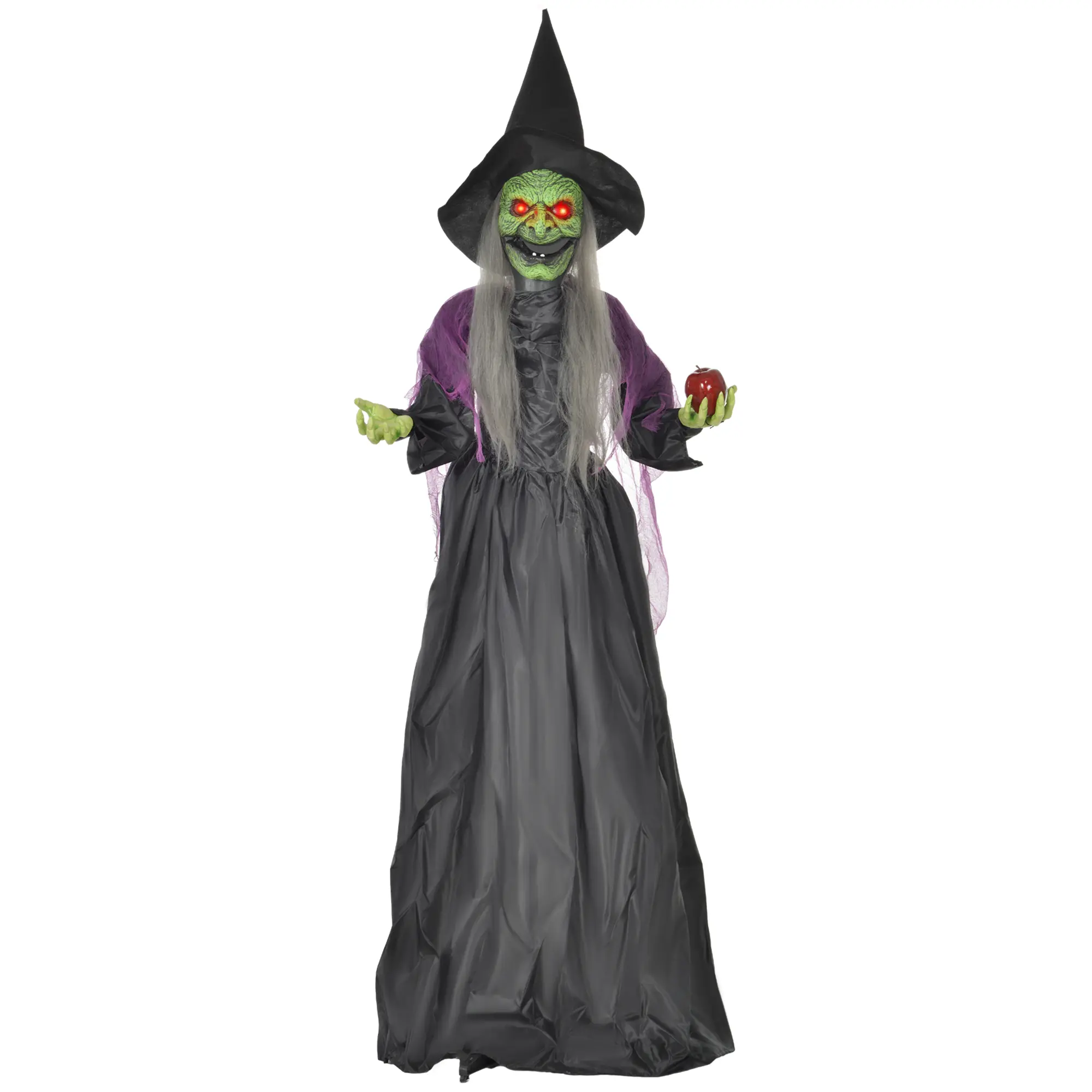Witch with Poisoned Apple, Halloween Decoration, Creepy Sounds, Red Eyes, Articulated Arms, 180 cm