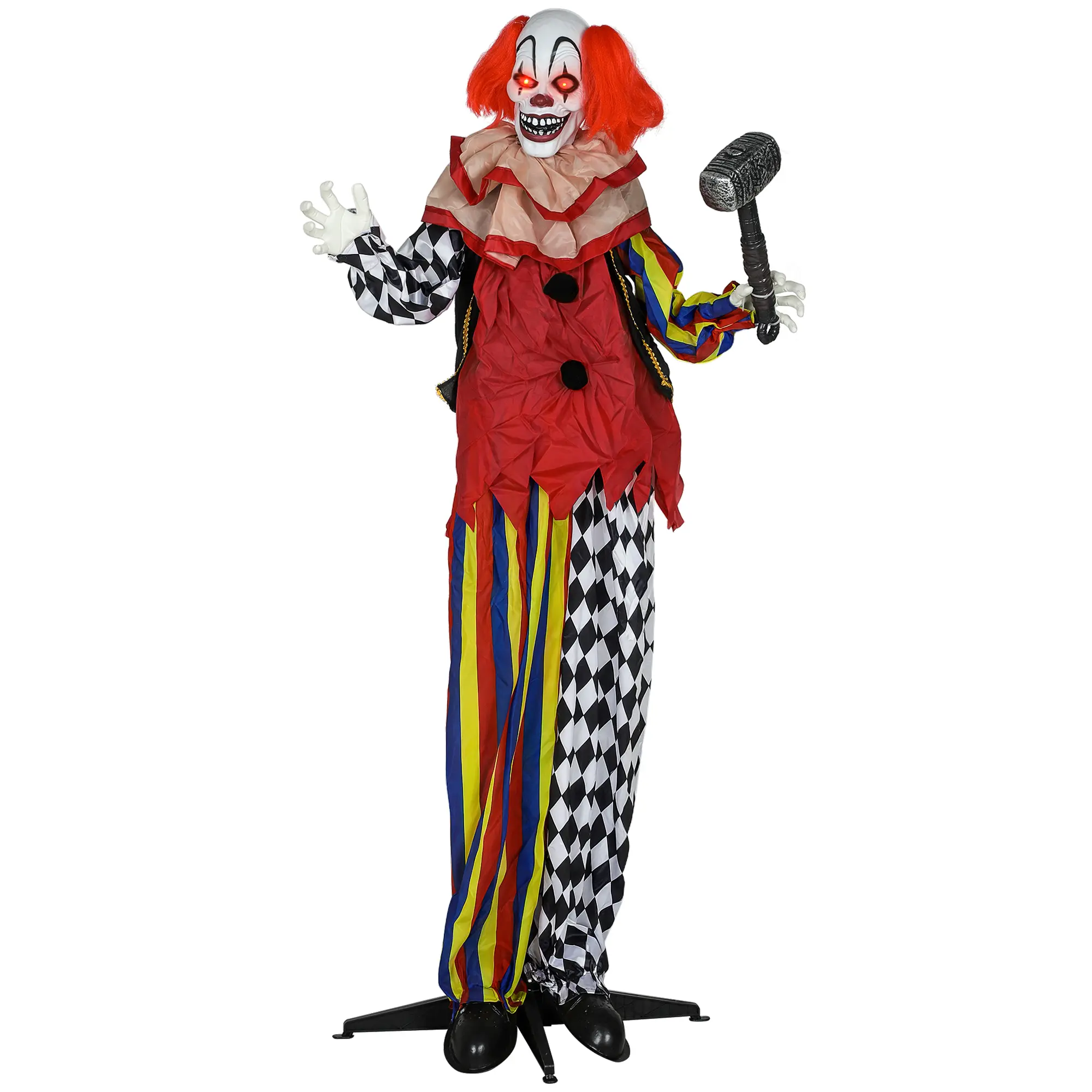 Creepy Clown, Halloween Animatronic, 173 cm, glowing eyes, sound-activated, moving arms and head, battery-powered, plastic, metal, red