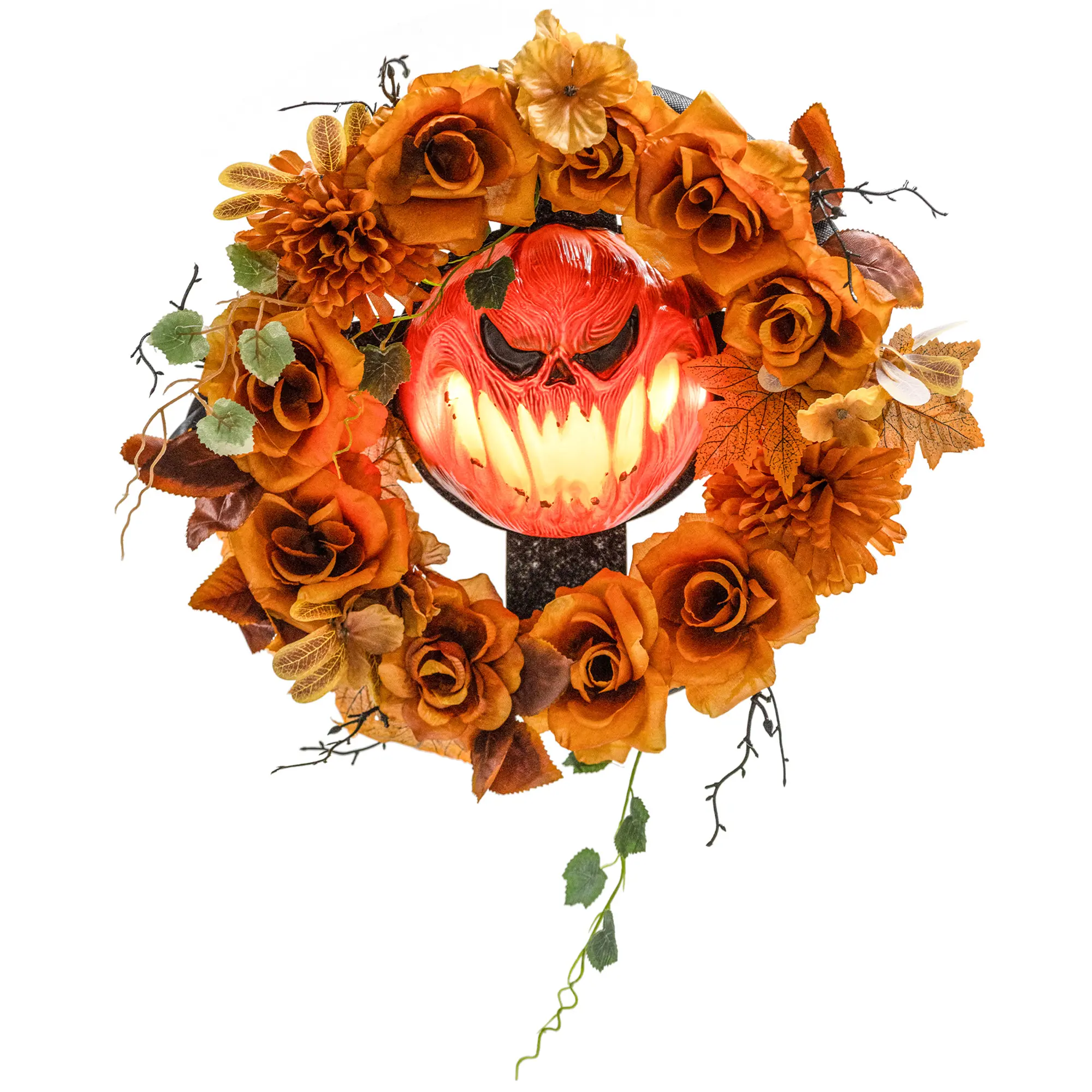 Halloween Wreath, Spooky Pumpkin Design, Autumn Leaves, Light Effects, Plastic