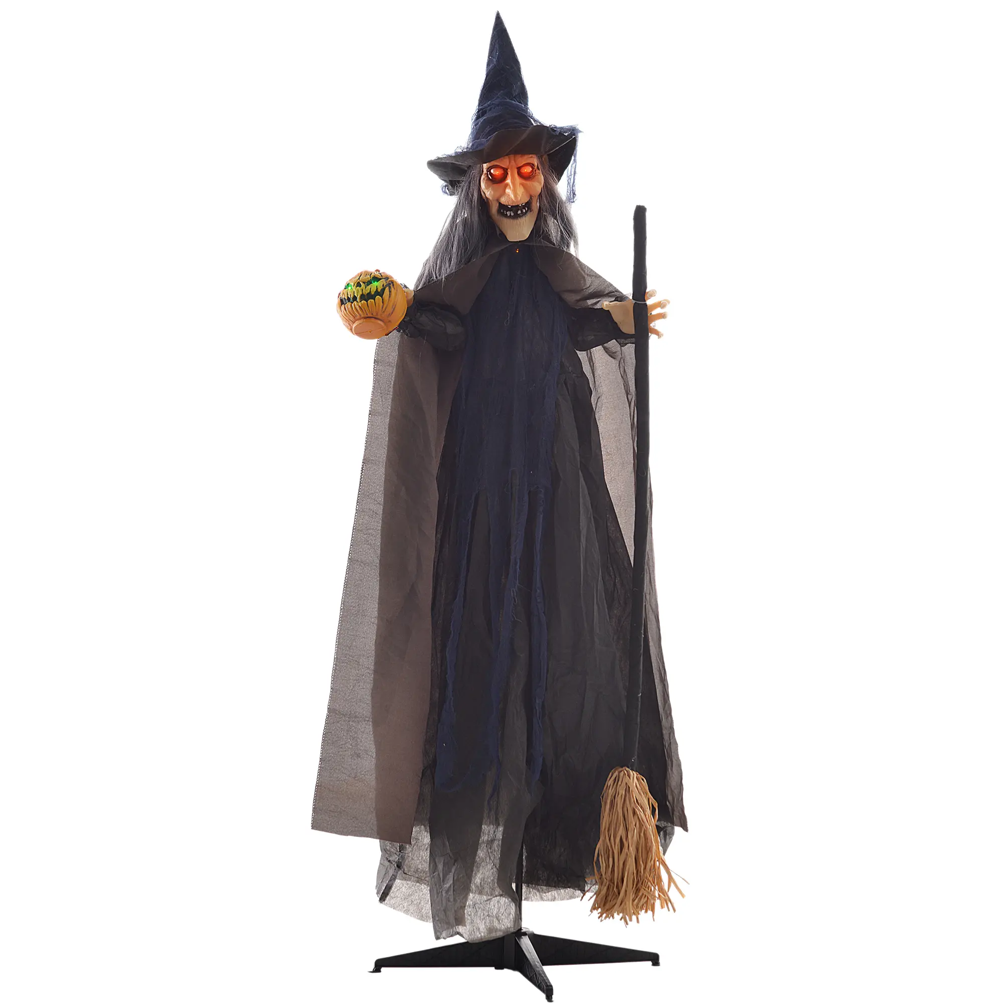 Halloween decoration witch with broom, glowing eyes, creepy sounds, bendable arms, 107x65x190 cm