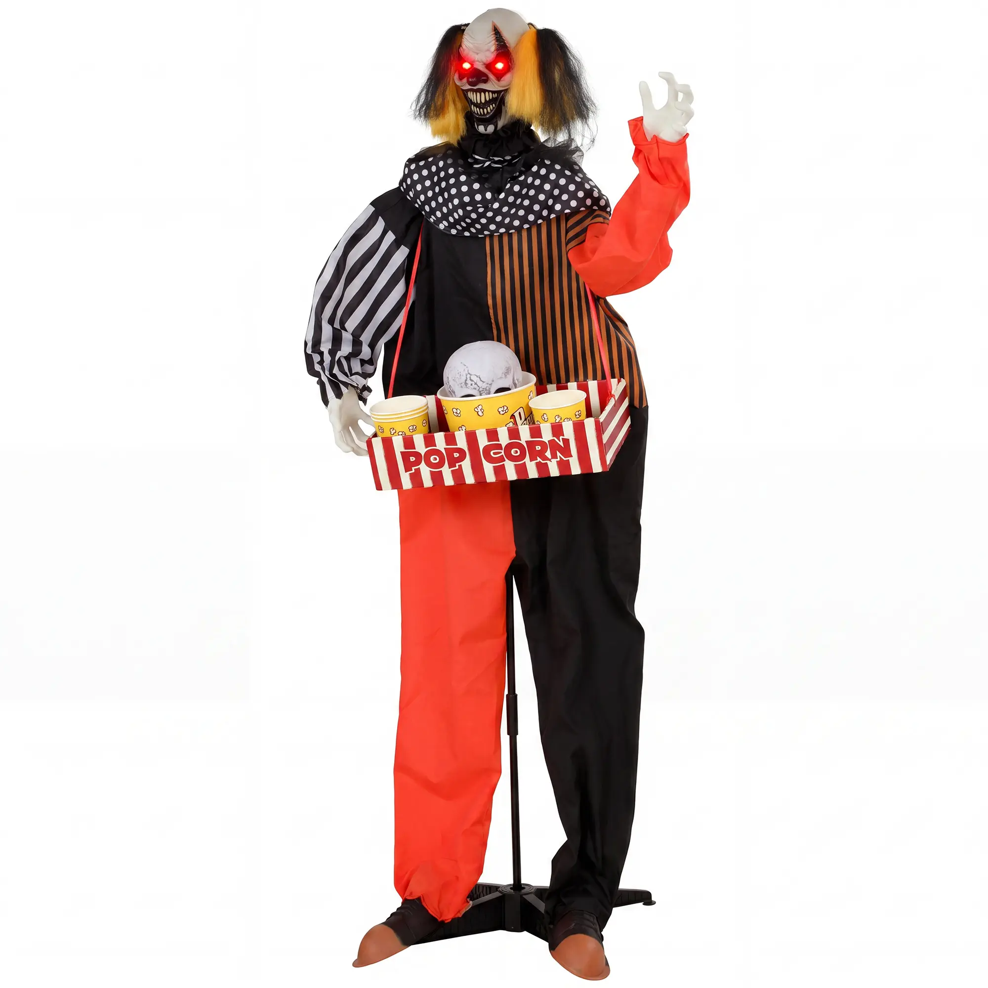 Animated Halloween Popcorn Clown with Spring-Loaded Head, Scary Sounds, Carnival Music and Glowing Eyes