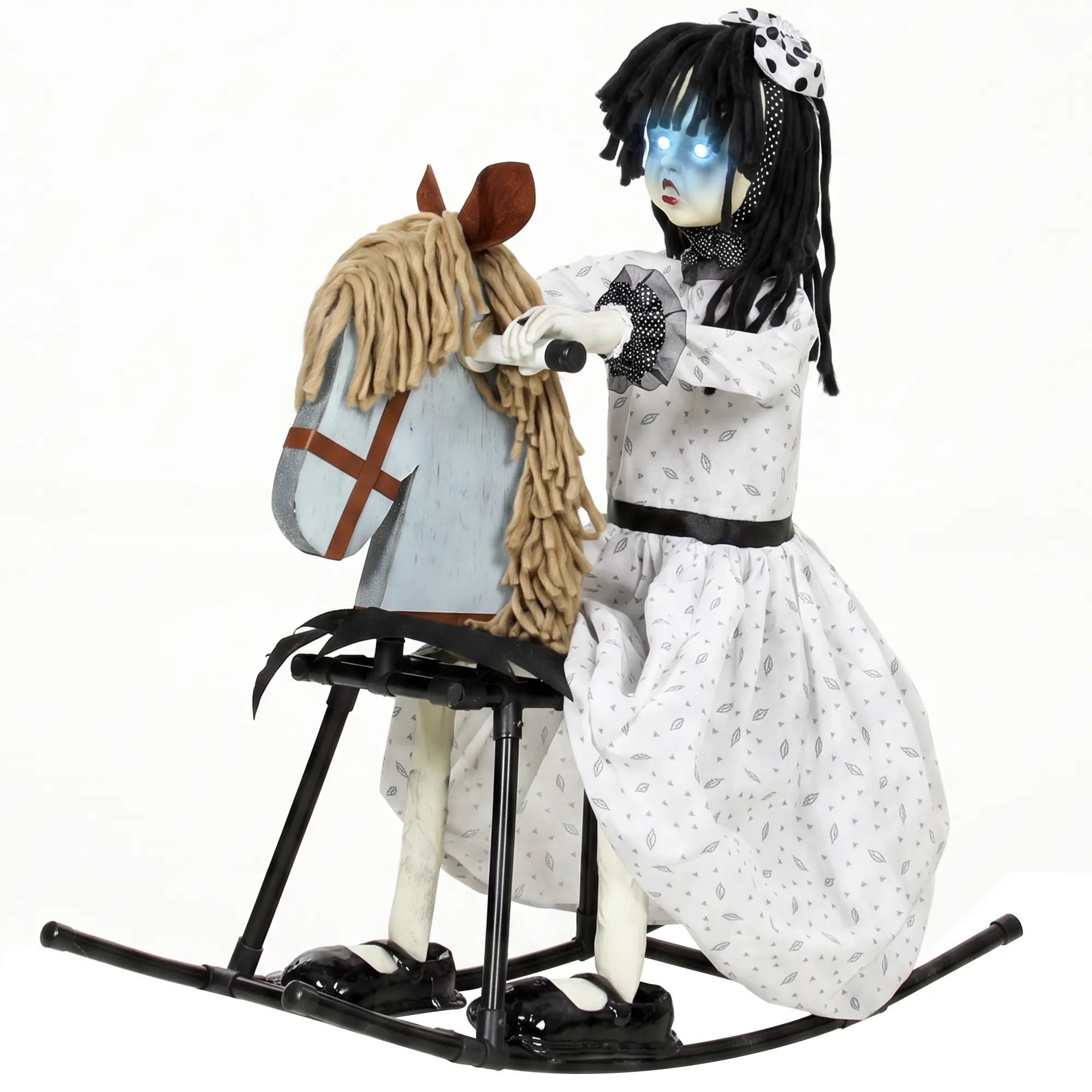 Animated Halloween Girl on Rocking Horse with Creepy Rhymes, Glowing Eyes and Sound/Touch Activation