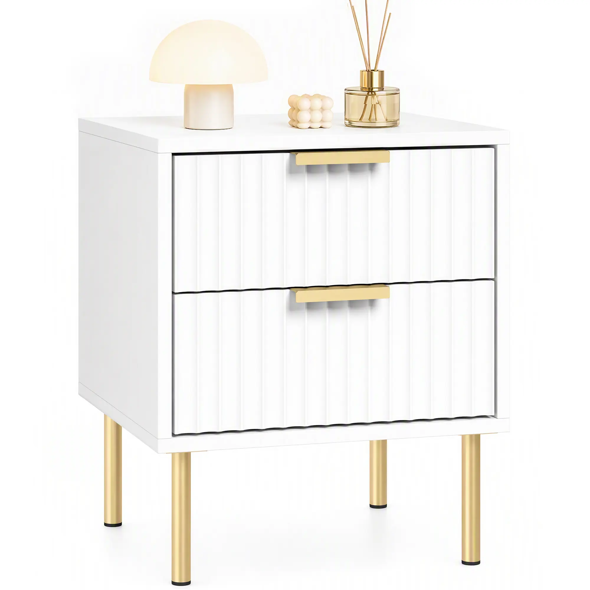 Table de chevet avec 2 tiroirs et pieds en acier pour chambre blanc