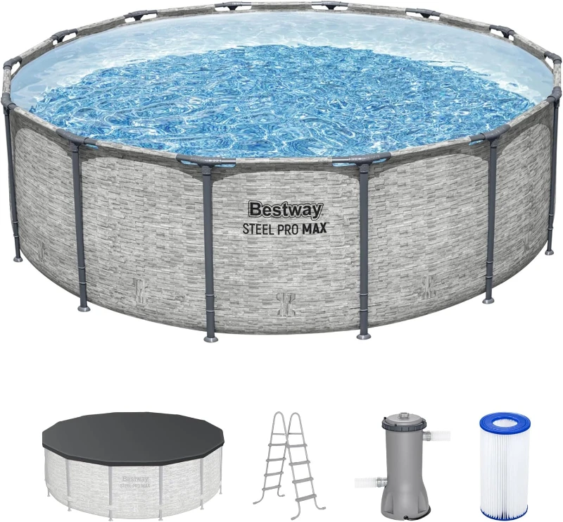 Bestway Steel Pro MAX 14 ft x 48 in Round Above-Ground Pool Set with Metal Frame, Filter Pump, Ladder & Cover, Gray Stone Print