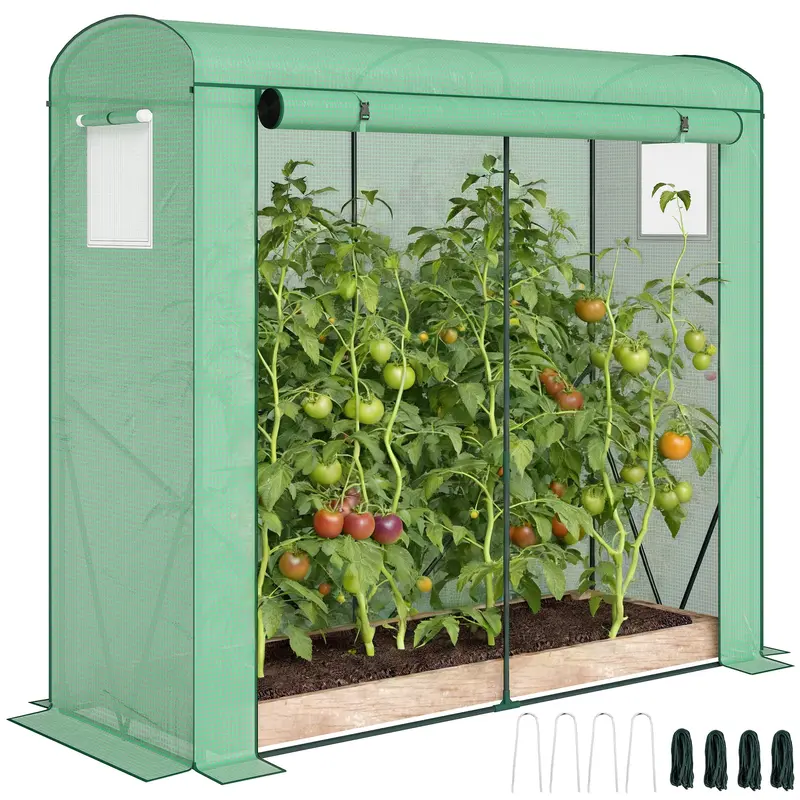 Greenhouse with Mesh Windows & Roll-Up Door, Steel-Frame PE Greenhouse, 200 x 75 x 188 cm, Ideal for Tomatoes, Vegetables & Flowers, Green