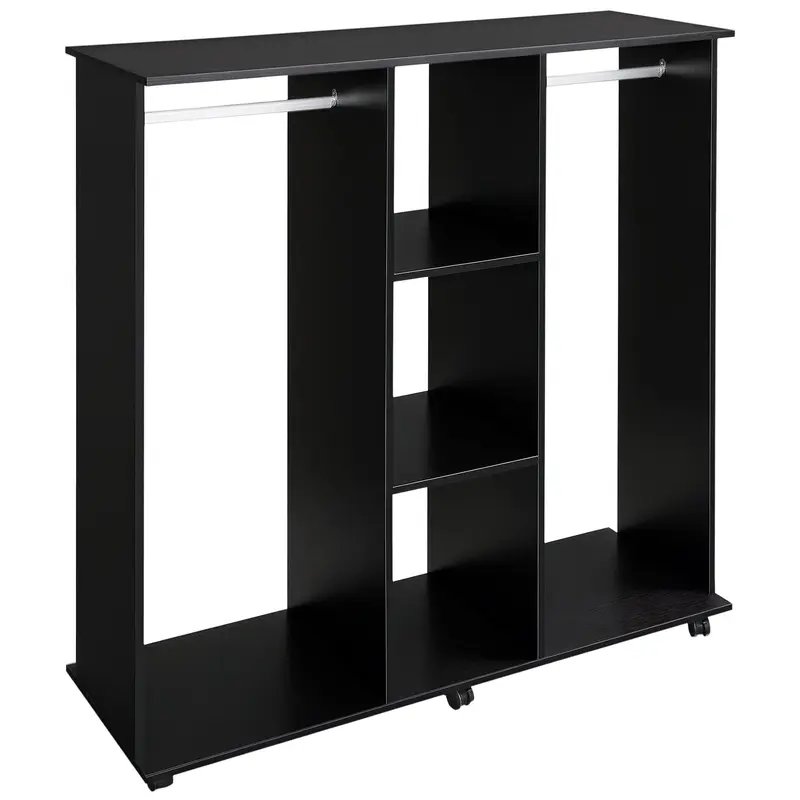 Wardrobe Closet with Wheels Clothing Wardrobe with Hanging Bar Open Shelves Organizer for Bedroom 120x40x128cm Black