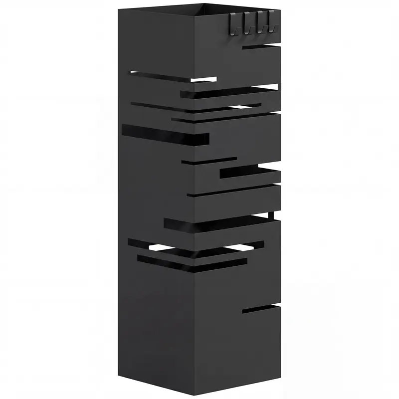 Metal Umbrella Stand with 4 Hooks and Removable Drip Tray, Black — Entryway/Office, 15.5 x 15.5 x 49 cm (6.1 x 6.1 x 19.3 in)