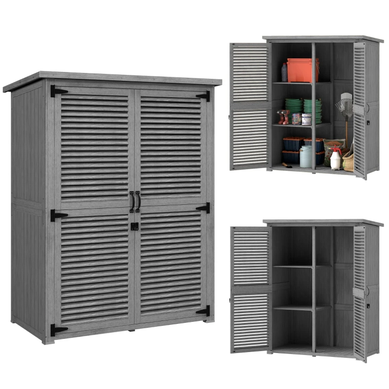 Wooden Garden Storage Cabinet, 127 x 65 x 168 cm (50 x 25.6 x 66 in), Outdoor Shed with 2 Shutter Doors, 2 Shelves, Waterproof Roof, Gray