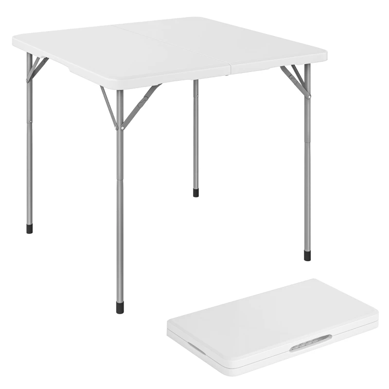 HDPE Folding Table, Square 86 x 86 x 74 cm (34" x 34" x 29"), Carry Handle, Adjustable Height — Indoor/Outdoor, Patio, Camping, Beach, White