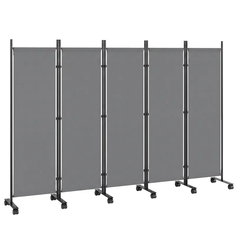 5-Panel Room Divider 99 x 16 x 67 in — Freestanding Folding Privacy Screen with 12 Wheels, Metal Frame, Water-Resistant Polyester, Dark Gray (Indoor/Covered Outdoor)