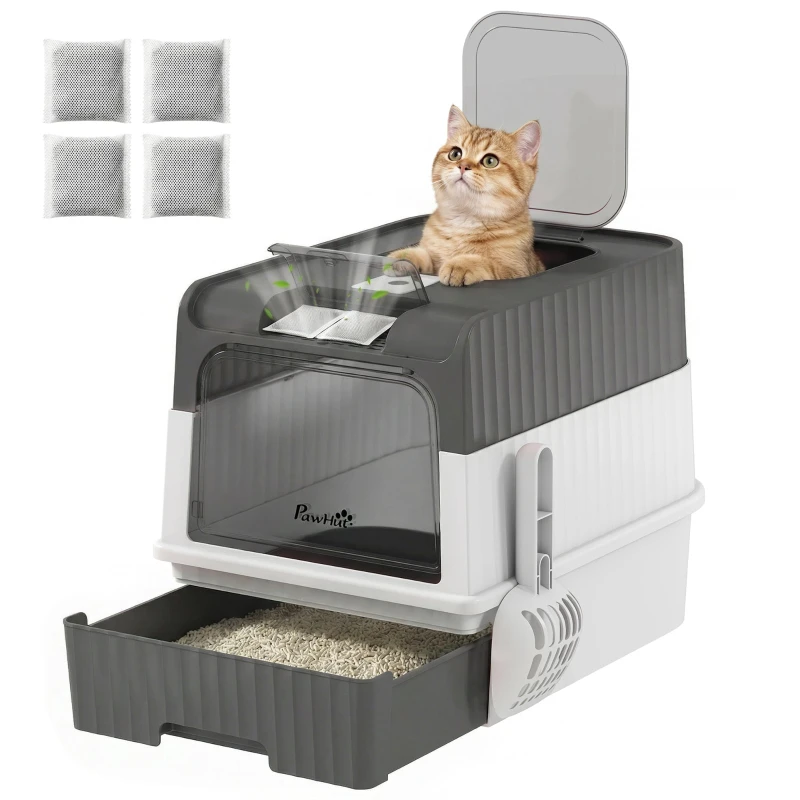 Covered Cat Litter Box with Top Exit & Front Entry - Sliding Drawer, Scoop, Odor Filter Bags - Easy to Clean, 48 x 35 x 36 cm (Gray)