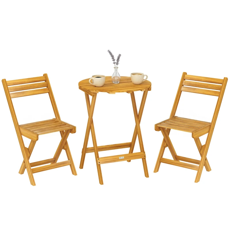 3-Piece Folding Acacia Bistro Set — 24" Round Table & 2 Slatted Folding Chairs, No Assembly, Natural