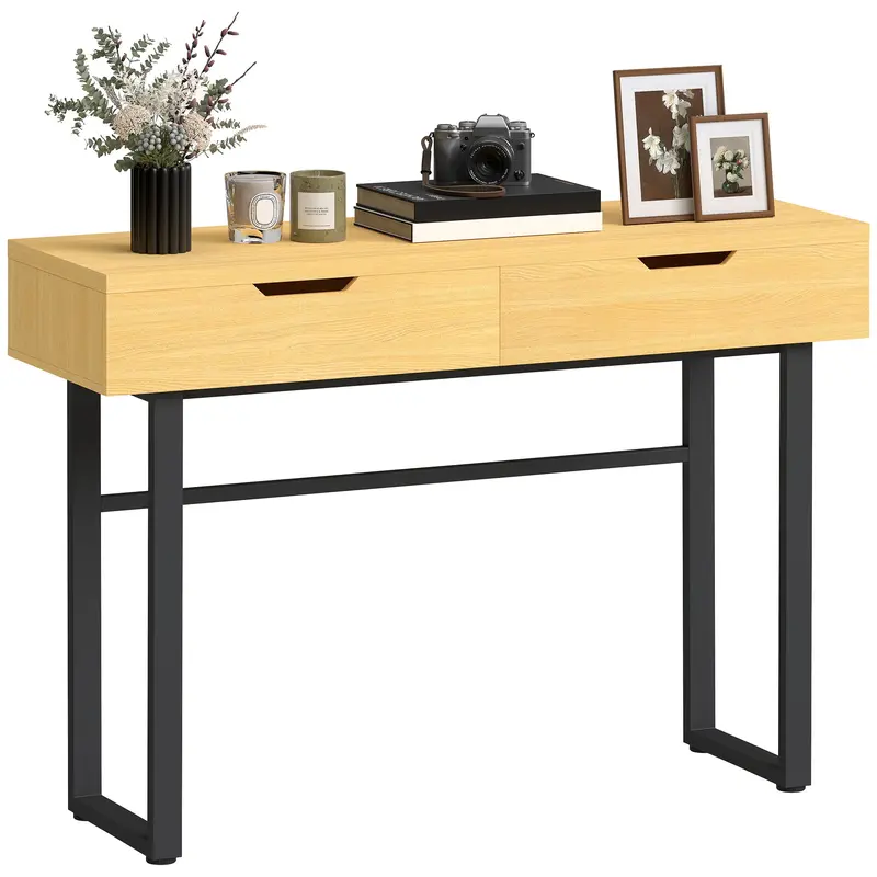 Narrow Console Table with 2 Drawers, Industrial Metal Frame, Natural – 110 × 35 × 76.5 cm (43.3″ × 13.8″ × 30.1″)