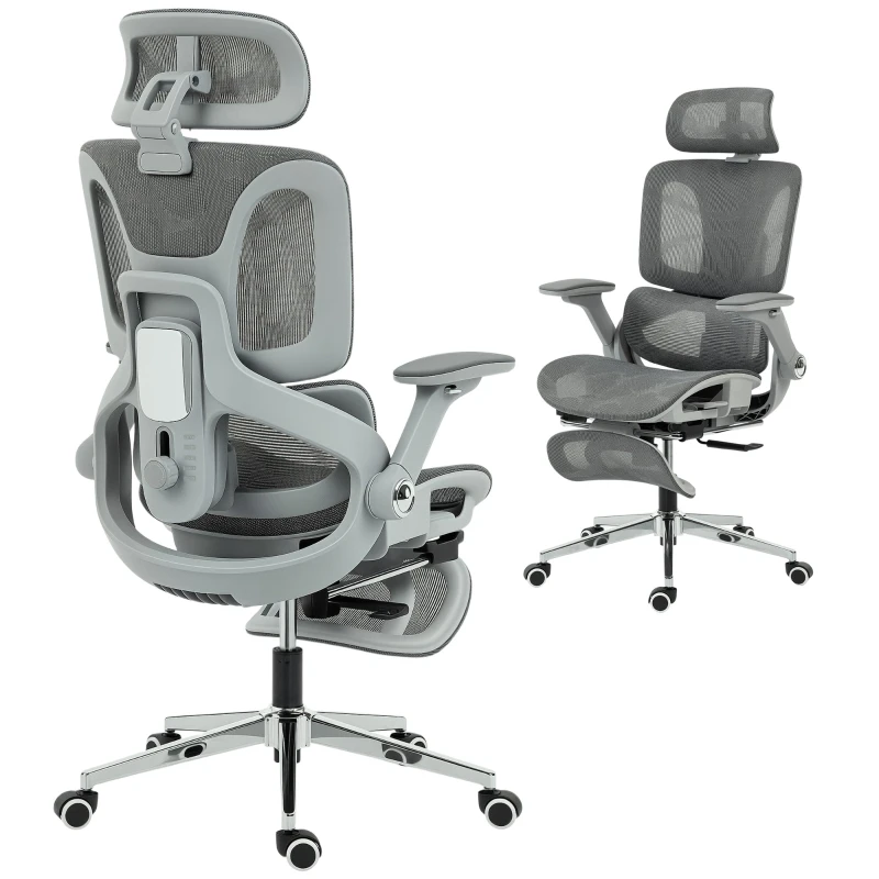 Ergonomic Mesh Office Chair — 4D Armrests, Adjustable Headrest & Seat Depth, Lumbar Support, 135° Recline with Footrest — Gray