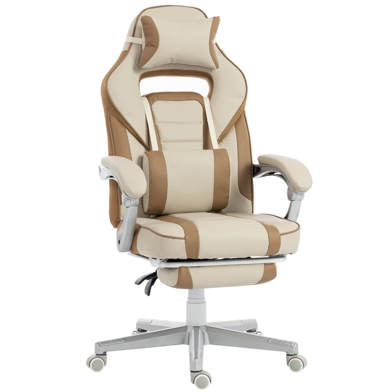 Gaming Chair — Reclining, Height Adjustable, Retractable Footrest, Lumbar Support & Removable Headrest, Cream