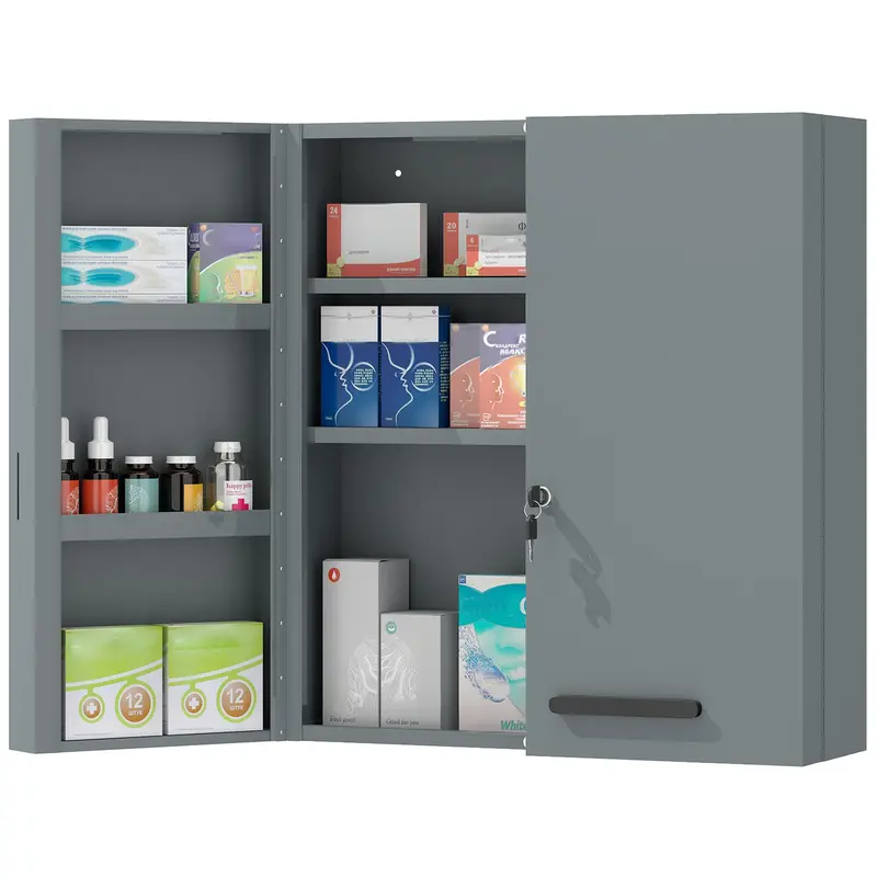 Lockable Medicine Cabinet — 2-Door Steel First-Aid Cabinet with 6 Shelves, Charcoal Gray (21.7 x 7.1 x 23.6 in)