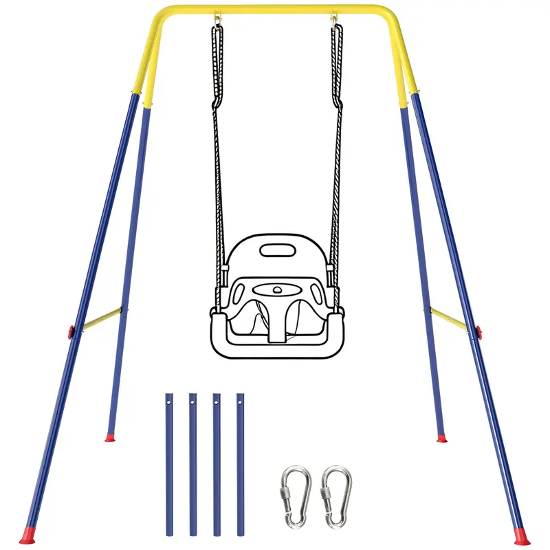 Folding Children's Swing Frame — Metal A-Frame for 1 Swing, 2 Hooks, 4 Stakes, Weather-Resistant, 110 lb Capacity, Indoor/Outdoor, 128 x 155 x 157 cm (50.4 x 61.0 x 61.8 in), Blue