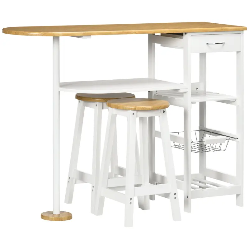 Bar Table Set with 1 Drawer, 2 Shelves, Removable Basket, and Wine Rack Furniture Set with 119x38.5x88.5 cm High Table and 2 Stools of 29x29x55 cm for Dining Kitchen White