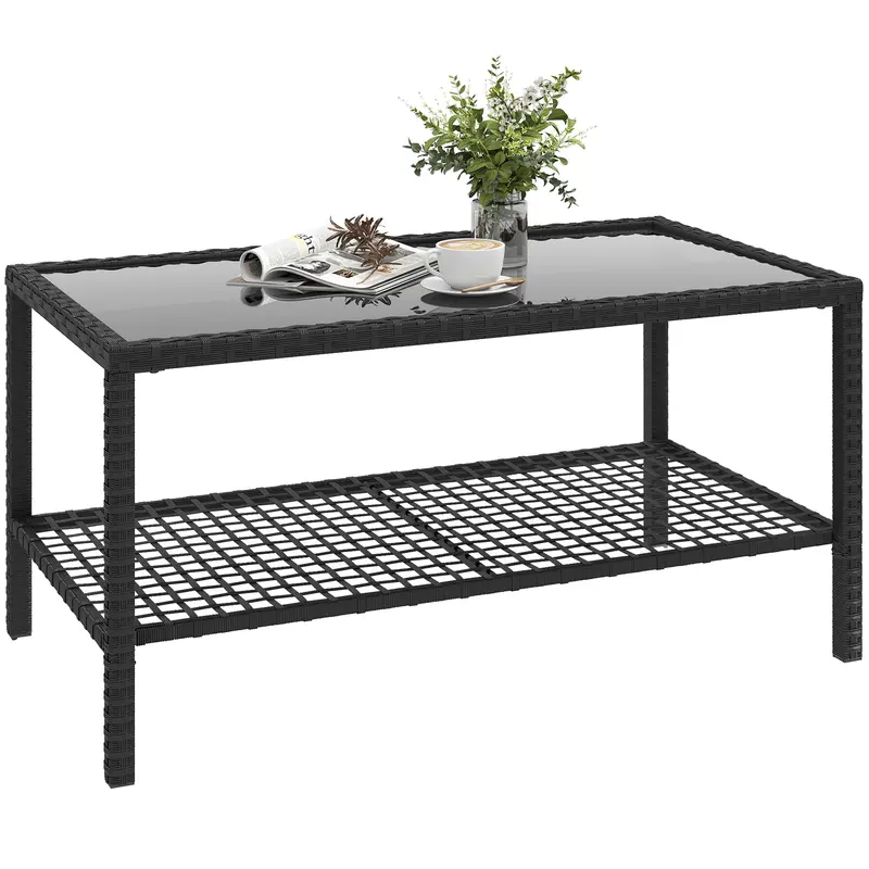 Table d'appoint de jardin Outsunny en rotin avec étagère, plateau en verre trempé et structure en acier — 92 × 50 × 45 cm, noir