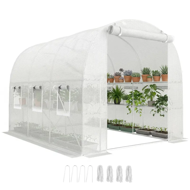 PE Tunnel Greenhouse with Shelves, Roll-Up Zip Door, 6 Mesh Windows, Support Bars, UV-Resistant Cover, Winter-Ready Tomato House, White (198 x 275 x 191 cm)