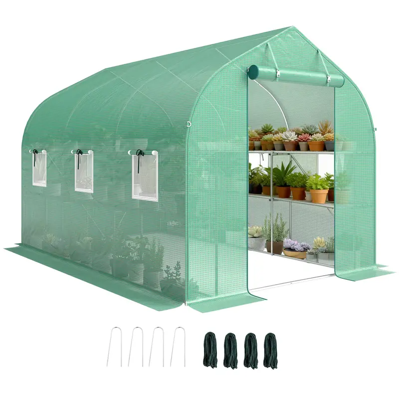 6 m2 Tunnel Greenhouse with Shelves, 198 x 293 x 194 cm (78 x 115 x 76 in) — Galvanized Frame, Roll-Up Door, 6 Mesh Windows, 140 g/m2 PE Cover — Green