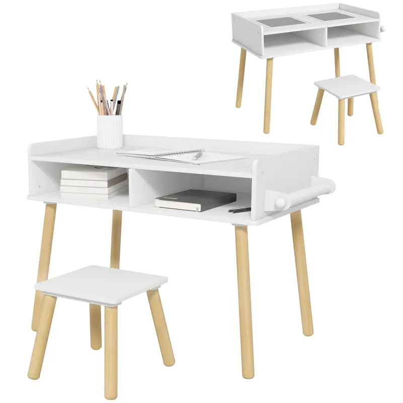 HOMCOM Kinder Tisch- und Stuhl Set – Kindertisch mit Bausteinbrett und Papierrolle zum Zeichnen im Kinderzimmer Spielzimmer