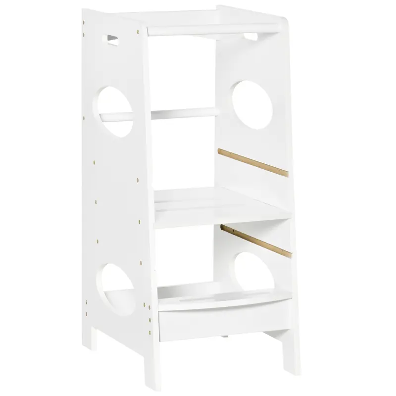 Wooden Learning Tower for Kids Children's Kitchen Stool with Adjustable Height in 3 Positions and Safety Bar 40x50x90 cm White