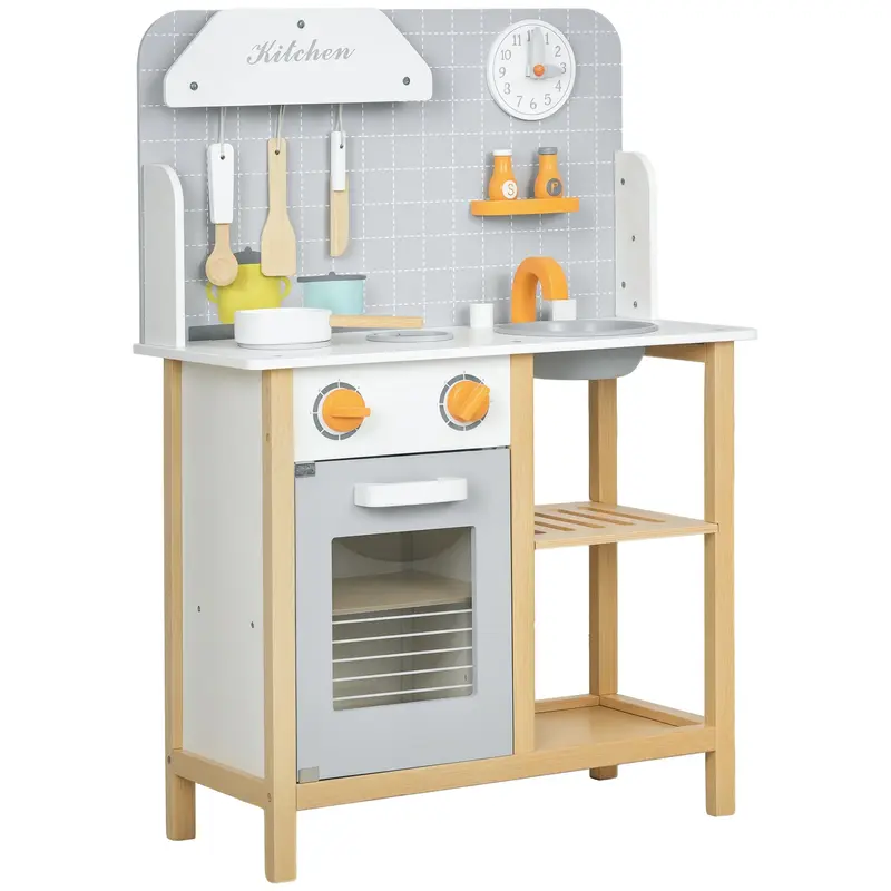 Cuisine Jouet AIYAPLAY pour Enfants +3 Ans - Cuisine en Bois avec Plaque Chauffante, Four, Robinet, Évier et Accessoires de Cuisine 57x26x82 cm Gris