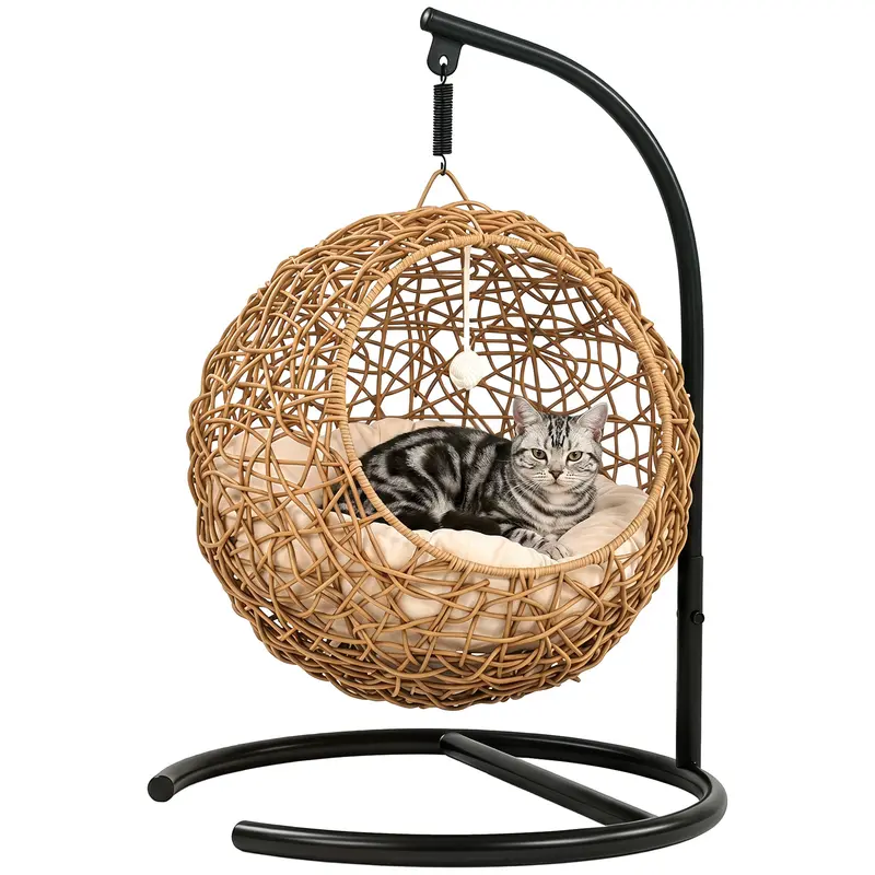 Panier tressé pour chat PawHut — Maison surélevée en rotin avec coussin lavable et balle jouet, refuge d'intérieur, 45 x 41 x 75 cm, marron clair