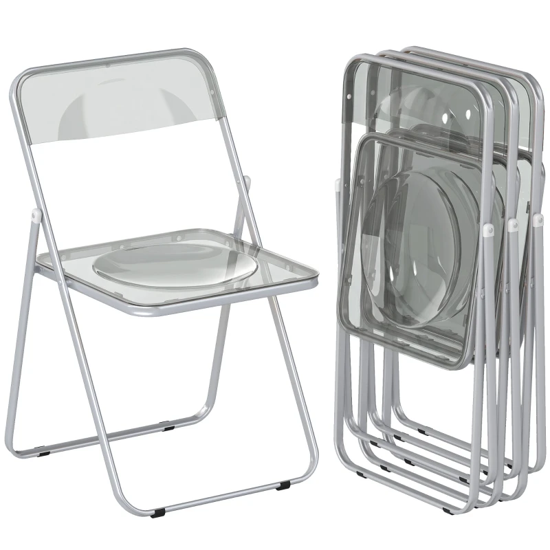 Set of 4 Acrylic Folding Chairs — Space-Saving Indoor Folding Chairs with Steel Frame, Portable for Home, Office, Kitchen, Events, 18.5 x 18.9 x 29.5 in, Gray