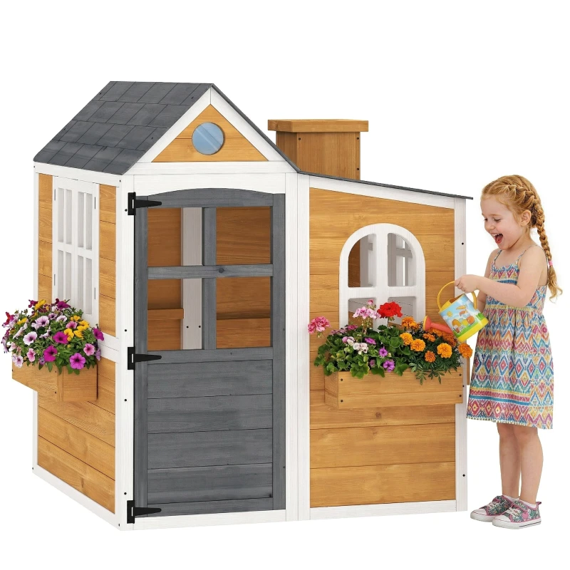 Children's Outdoor Wooden Playhouse with Door, Windows & 3 Planters – Weather-Resistant Playhouse for Ages 3–6, 125.5 x 119 x 126 cm (49.4 x 46.9 x 49.6 in), Yellow