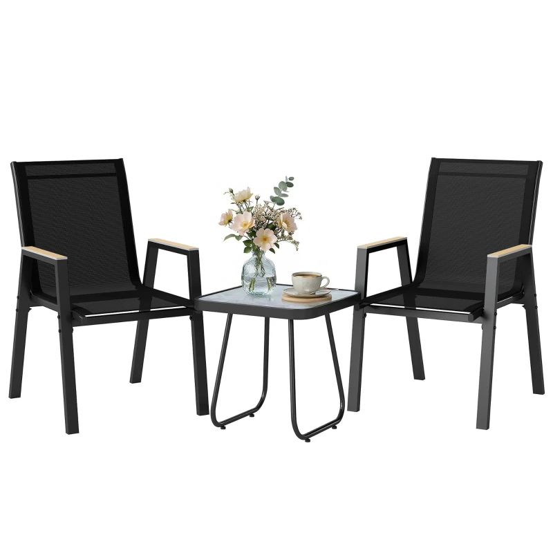 3-Piece Bistro Set – 2 Textilene Chairs & DPC Wood-Effect Table, Black