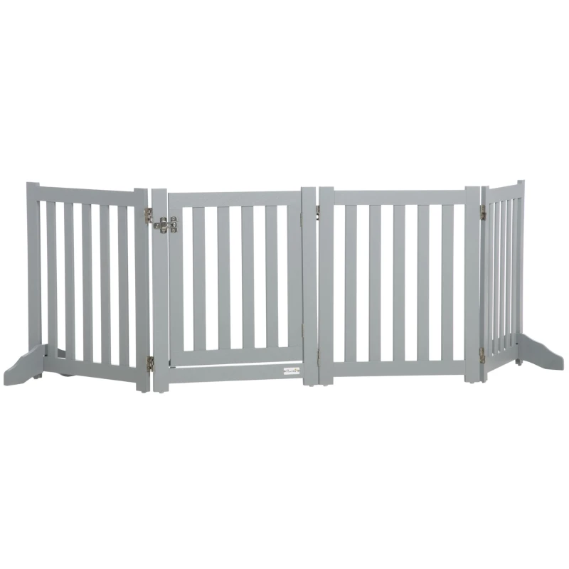 Freestanding Folding Wooden Dog Gate, 4-Panel Indoor Pet Barrier with Door and Support Feet — 205 x 60 cm (80.7 x 23.6 in), Gray