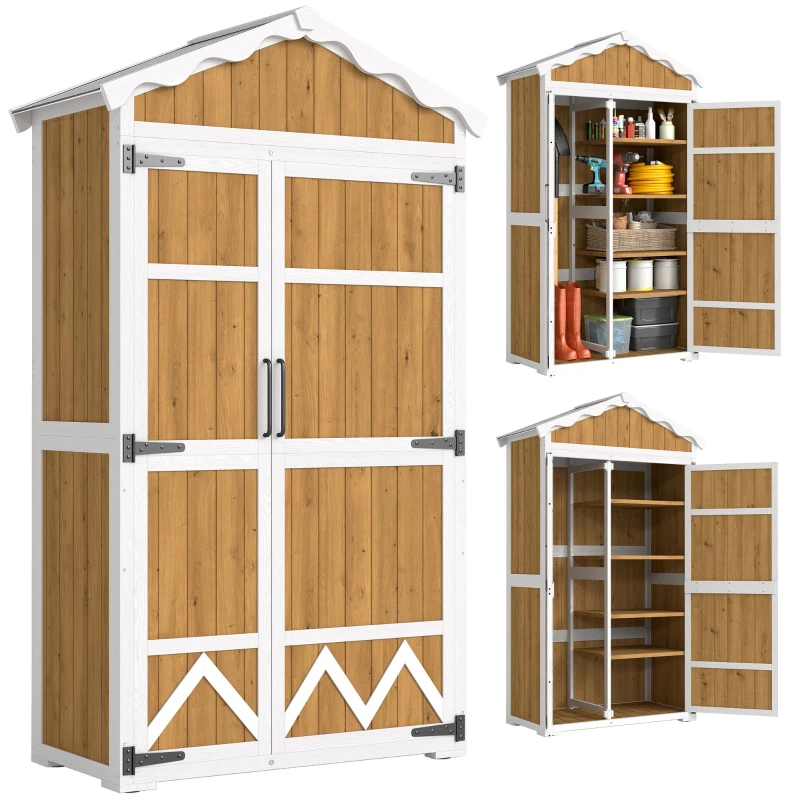 Wooden Garden Shed 41.3 x 21.7 x 70.5 in (105 x 55 x 179 cm) — Waterproof Outdoor Storage Cabinet for Tools, 2 Doors, 4 Removable Shelves, Galvanized Metal Roof, Adjustable Feet, Natural