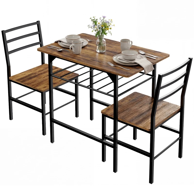 3-Piece Dining Set with 2 Chairs — Compact Kitchen Table for 2 with Storage Shelf, Metal Frame, Industrial Style, Rustic Brown