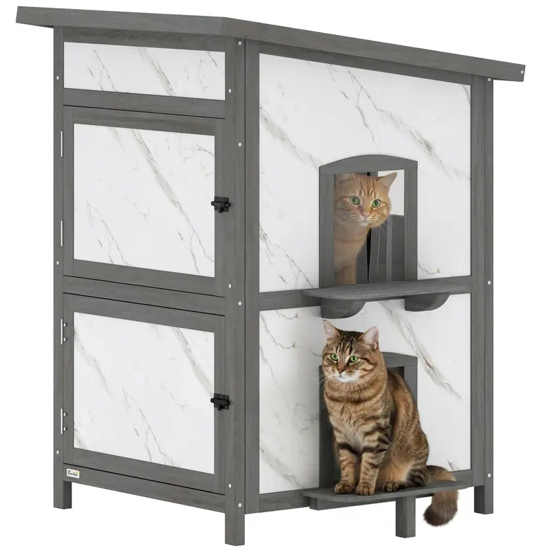 PawHut Maisonnette extérieure isolée pour chats à 2 niveaux avec fenêtre, multiples portes, toit imperméable — 60 x 60 x 88 cm, blanche
