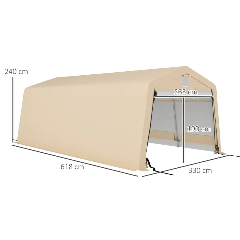 Carport Garage Tent dim. 6.2L x 3.3W x 2.4H m Sturdy Galvanized Steel High Density 150 g/m? PE Waterproof Anti-UV, 1 Khaki Door and 2 Ventilations