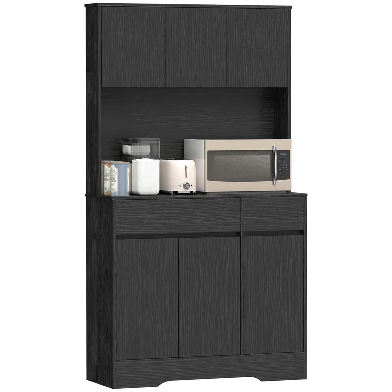 Kitchen Pantry Cabinet with Worktop, 6 Doors, Adjustable Shelves & Microwave Shelf, Cable Management — Black (39.4 x 15.0 x 70.9 in)