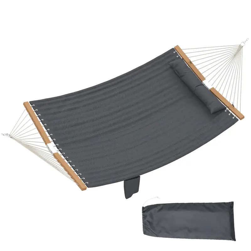 Double Quilted Outdoor Hammock with Headrest, Magazine Pocket & Beech Wood Spreaders, 200 x 140 cm (78.7 x 55 in) — Gray