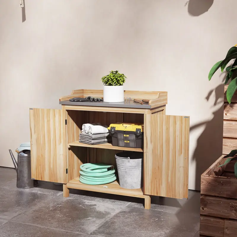 Table de rempotage de jardin Outsunny avec armoire de rangement et 2 étagères, plateau en métal galvanisé, pieds en caoutchouc antidérapants, bois de sapin