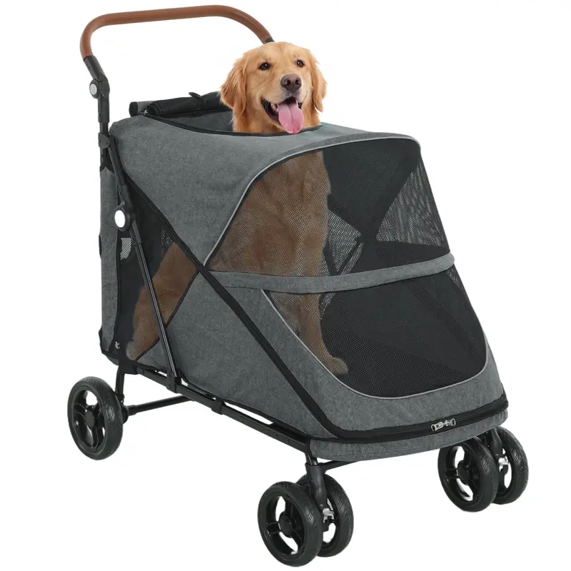 Foldable Dog Stroller – Up to 88 lb, 4-Wheel Suspension, 360° Swivel Front Wheels, Washable Cushion, Adjustable Handle, Gray