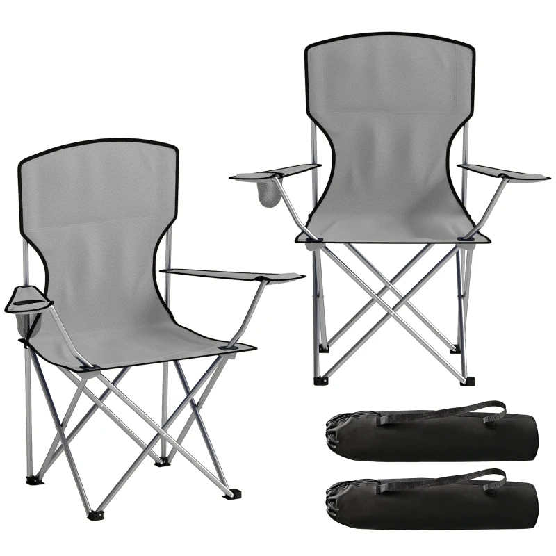 Set of 2 High-Back Folding Camping Chairs with Cup Holder and Carry Bags, Portable Metal Frame & 600D Oxford Fabric, for Outdoor Picnic Beach Garden, Gray
