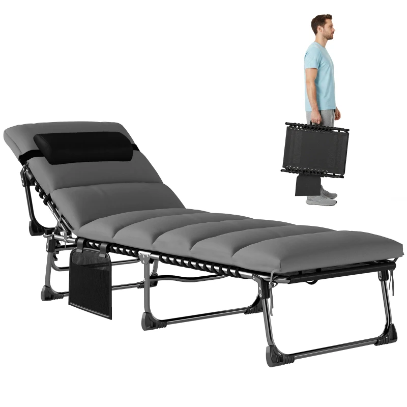 Folding Outdoor Sun Lounger — 5-Position Recliner with Removable Cushion, Side Pocket & Headrest, Steel Frame, Dark Gray