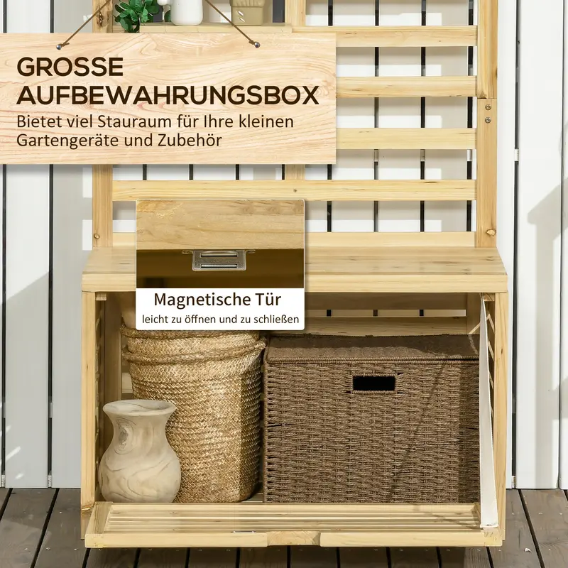 Outsunny Aufbewahrungsbox, Aufbewahrungstruhe mit Rankhilfe, Auflagenbox mit Ablagen, Gartentruhe, Kissenbox, Massivholz, Natur, 80 x 45 x