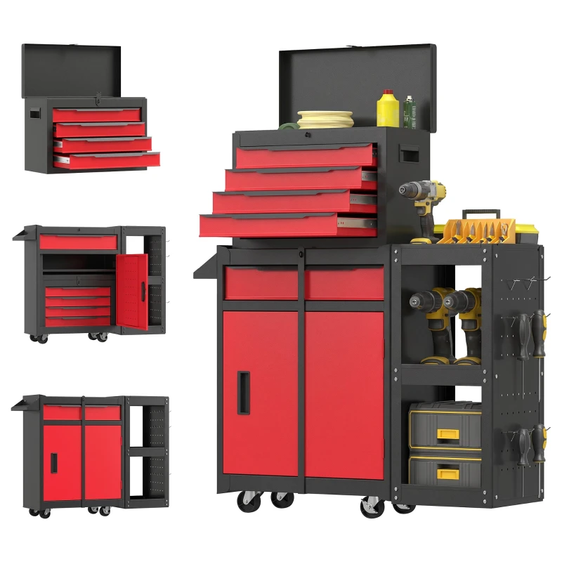 3-in-1 Tool Cart with 5 Drawers, Metal Tool Chest, Side Rack & Lockable Lower Cabinet — Black/Red